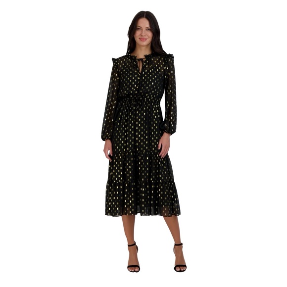 Julia Jordan Long Sleeve Ruffle Drawstring Midi Dress in Black & Gold Size 14 - Picture 1 of 11